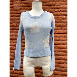 Fifty Street Floral Sheer Sweater Lightweight Blue Long Sleeve Women Size Medium